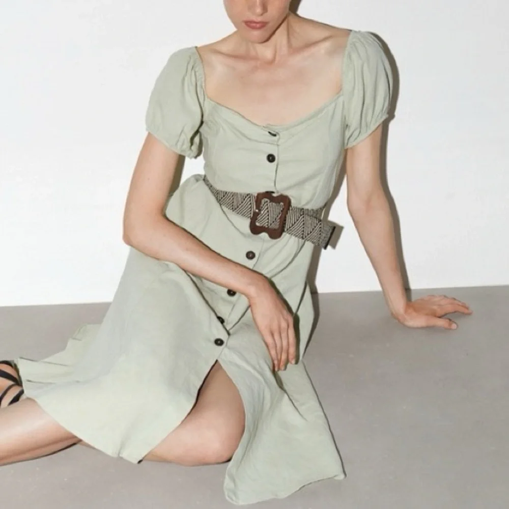 ZARA Linen Blend Midi Dress with Puff Sleeves Cottage core XS - Picture 3 of 9